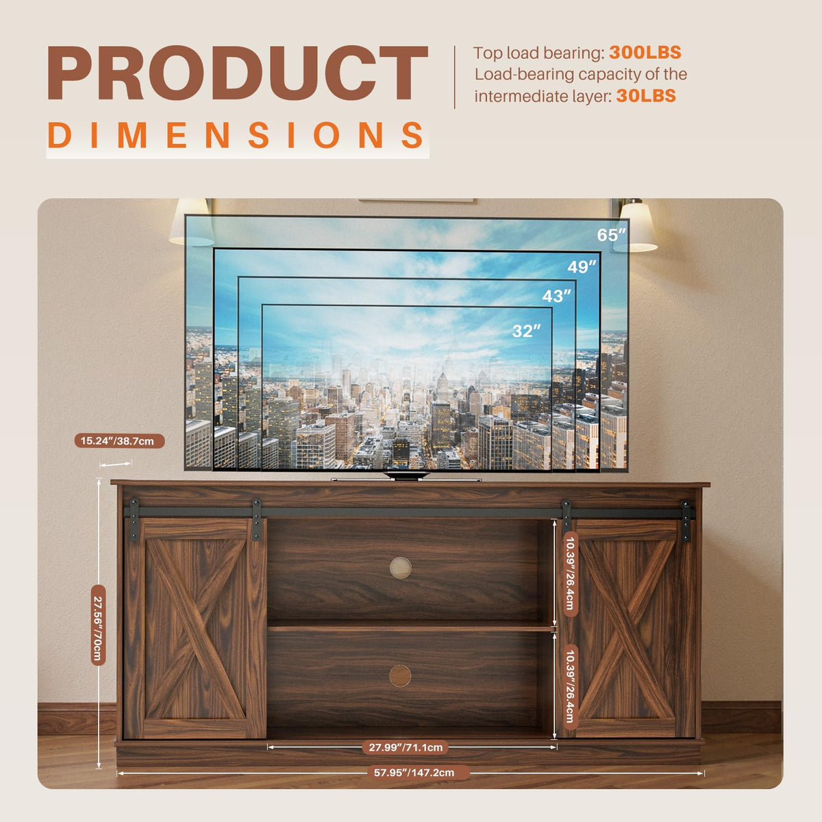 65 Inch Brown Wood TV Stand with Storage Shelves and Sliding Barn Door K116