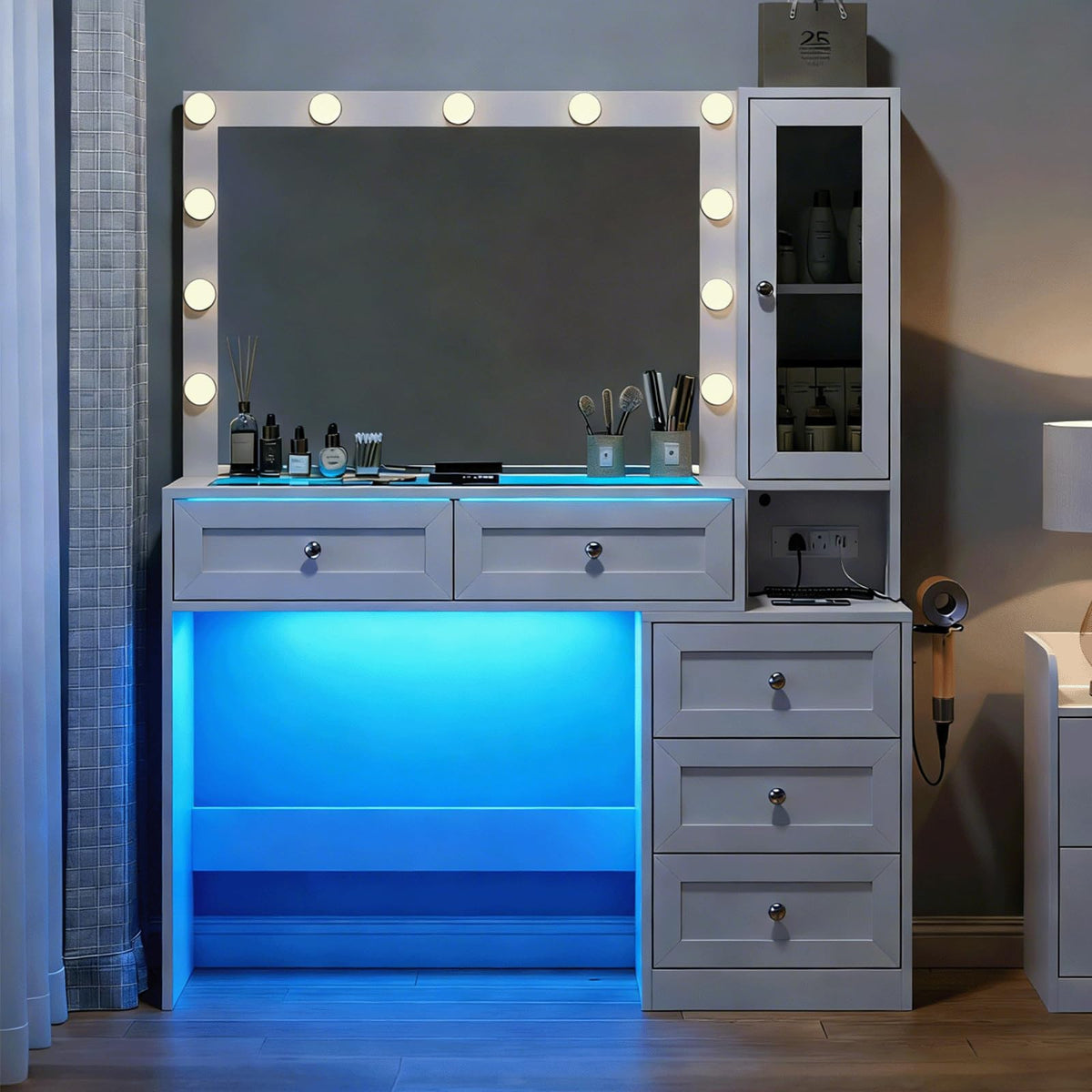 White Vanity Desk with LED Lights Mirror and 5 Storage Drawers O1654