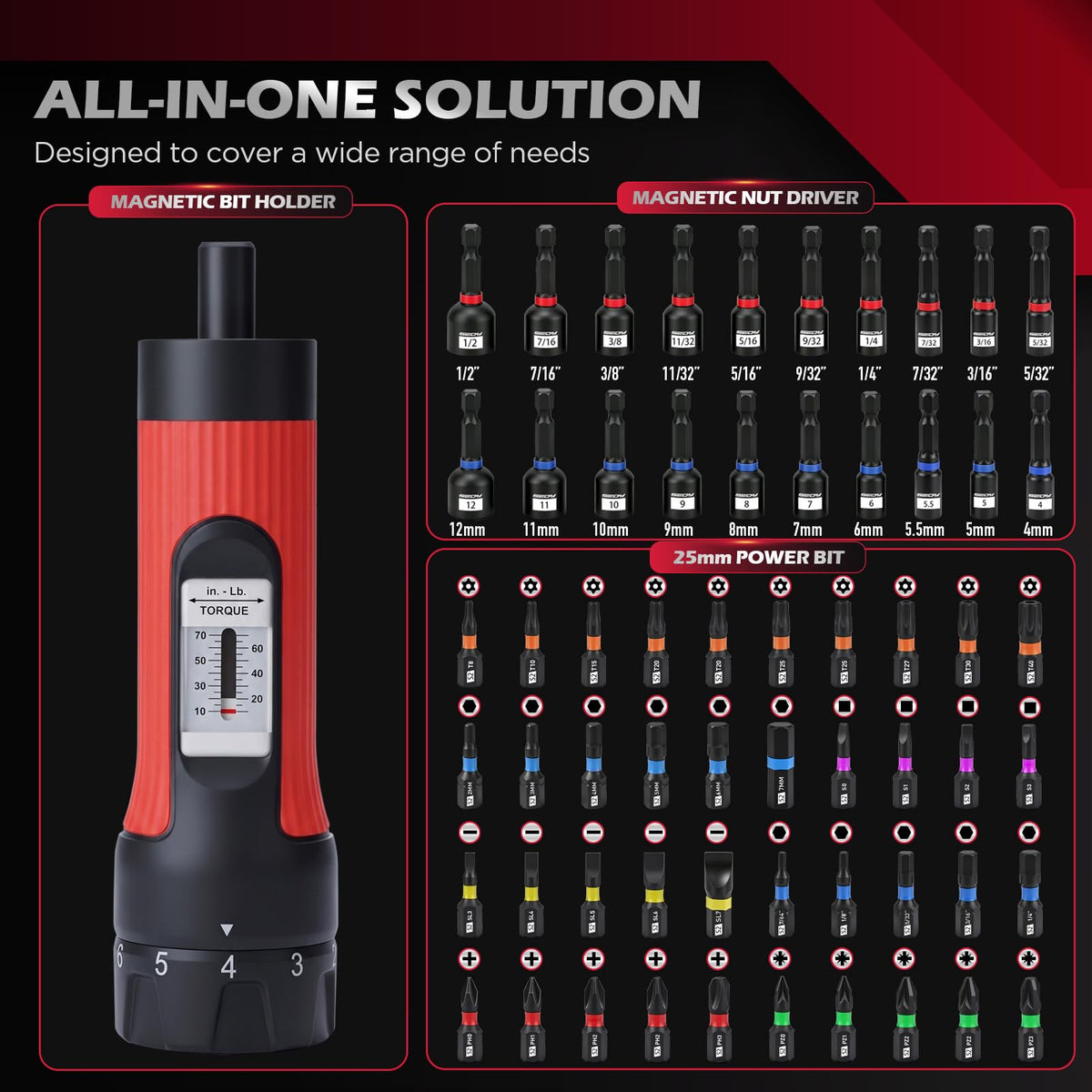 64-Piece Torque Screwdriver Set, 10-70 in-lb, 1/4" Drive R198686