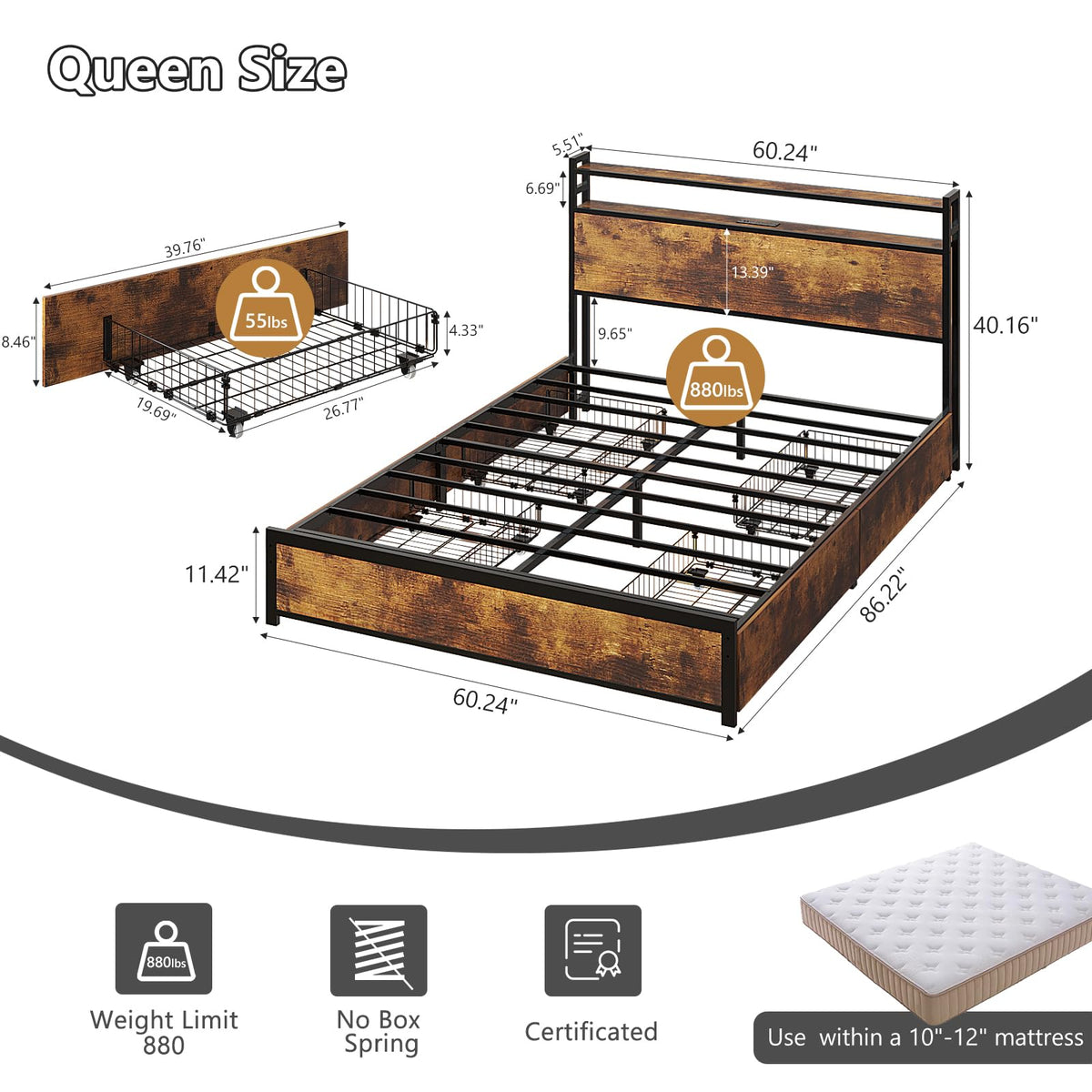 Queen Bed Frame with 4 Storage Drawers and Headboard Q65281