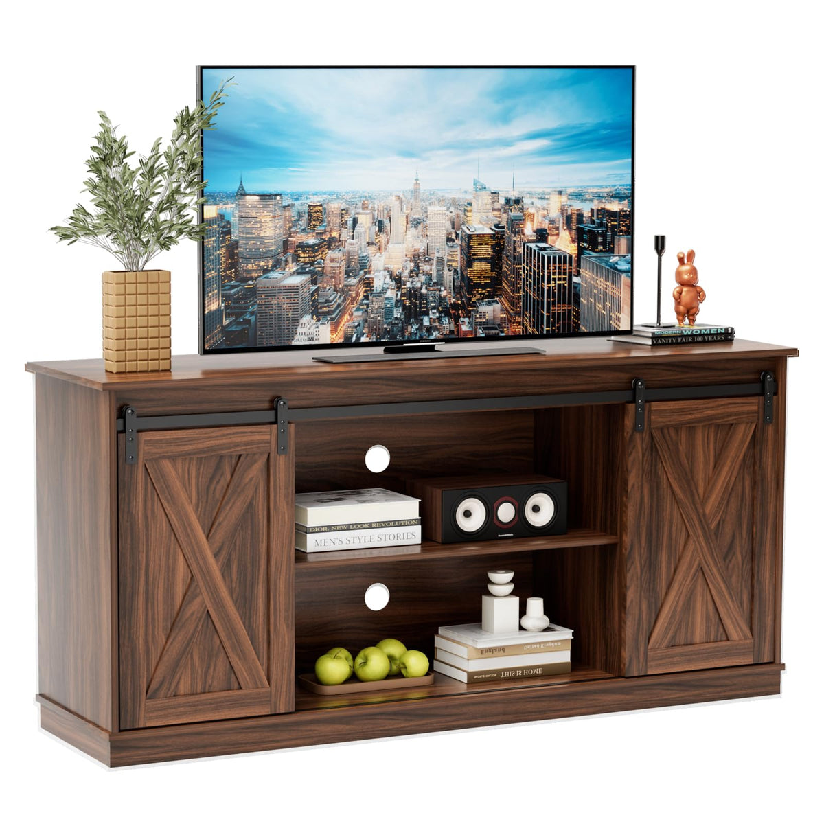 65 Inch Brown Wood TV Stand with Storage Shelves and Sliding Barn Door K116