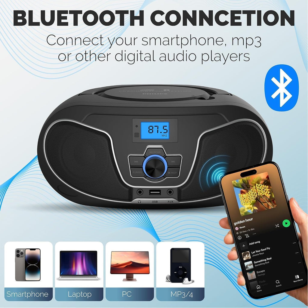 Portable CD Player Boombox with Bluetooth, FM Radio, USB Playback & AUX Input L1382