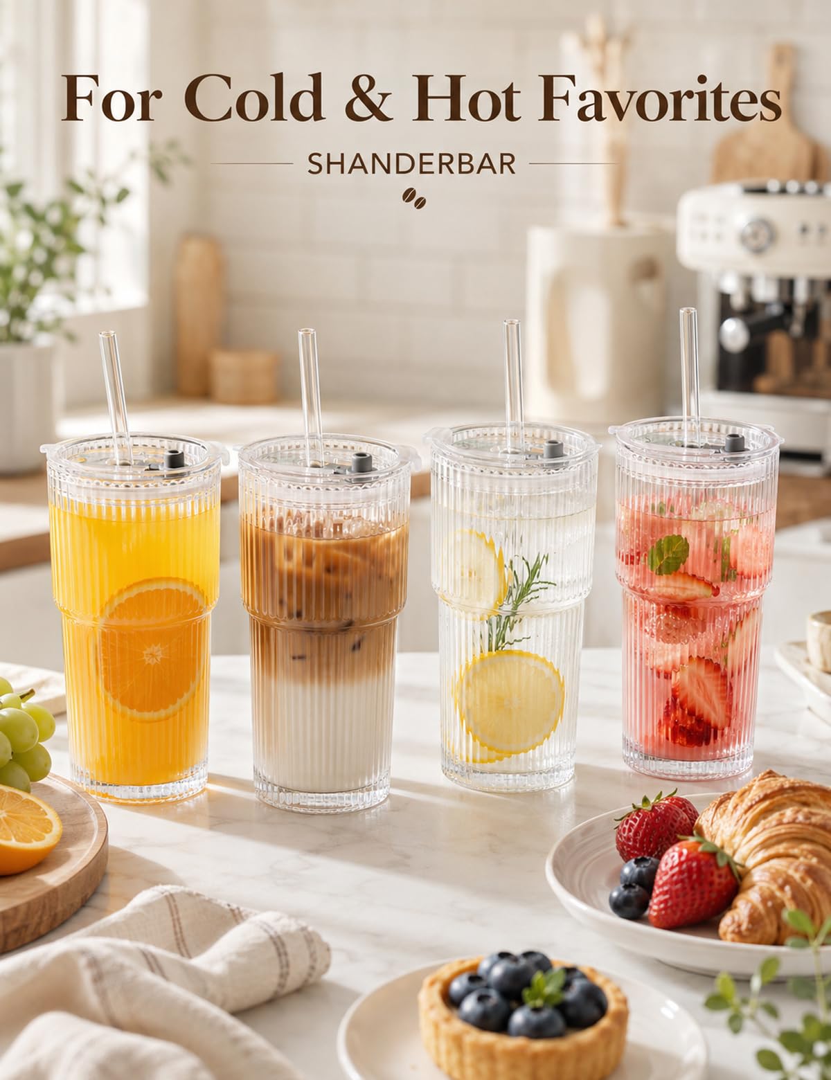 20 oz Ribbed Glass Tumblers with Lids and Straws, Set of 4 T1314