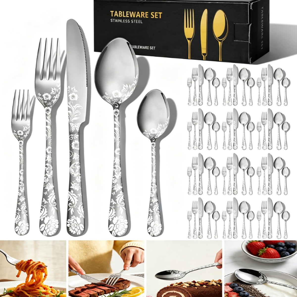 60 Piece Floral Stainless Steel Silverware Set Z353