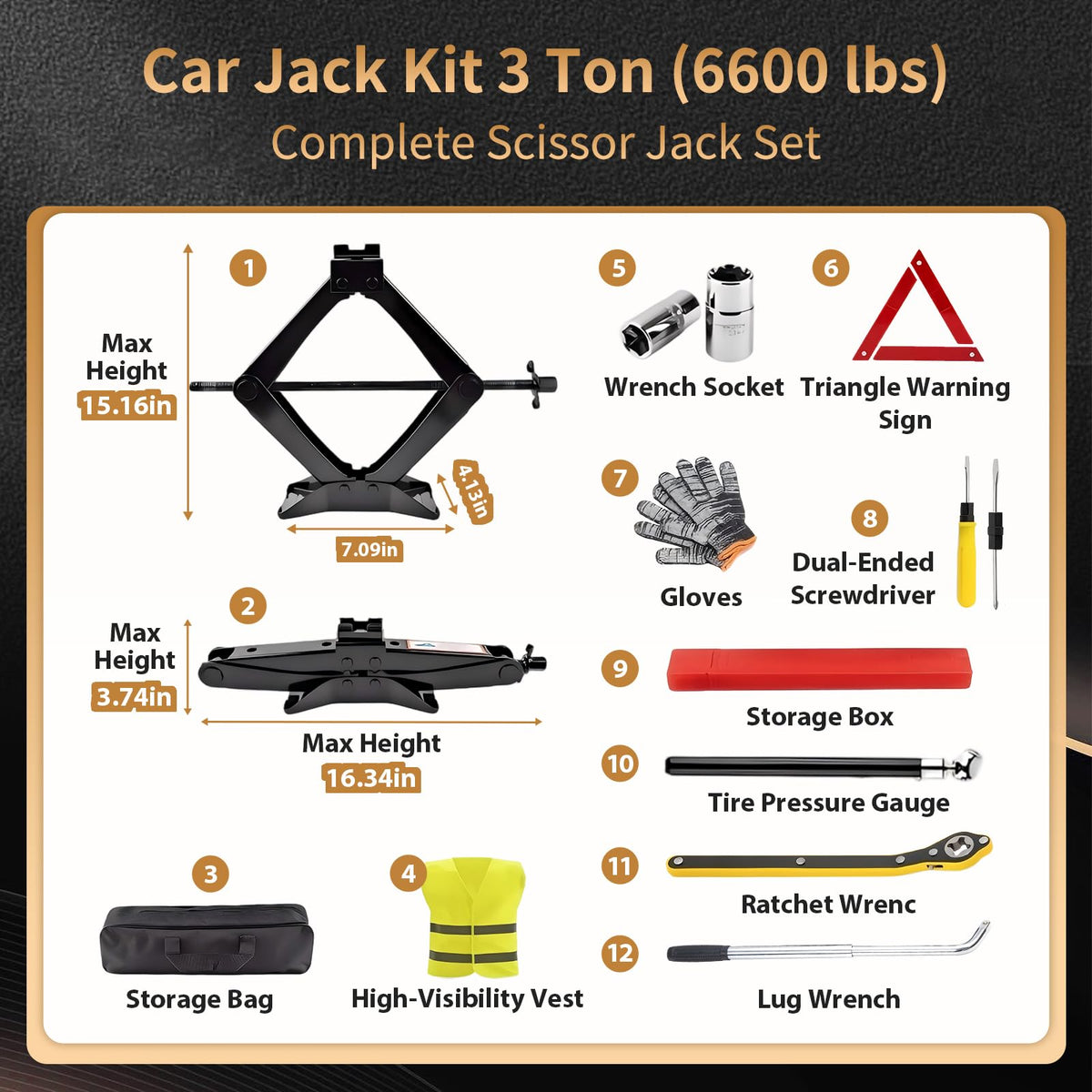 3-Ton Scissor Jack Kit with Ratchet Wrench J705427