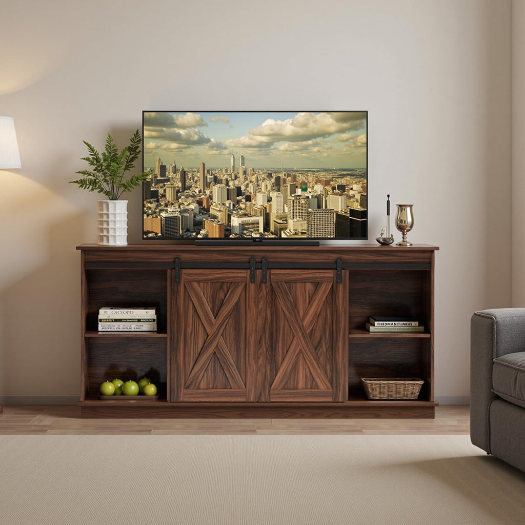65 Inch Brown Wood TV Stand with Storage Shelves and Sliding Barn Door K116
