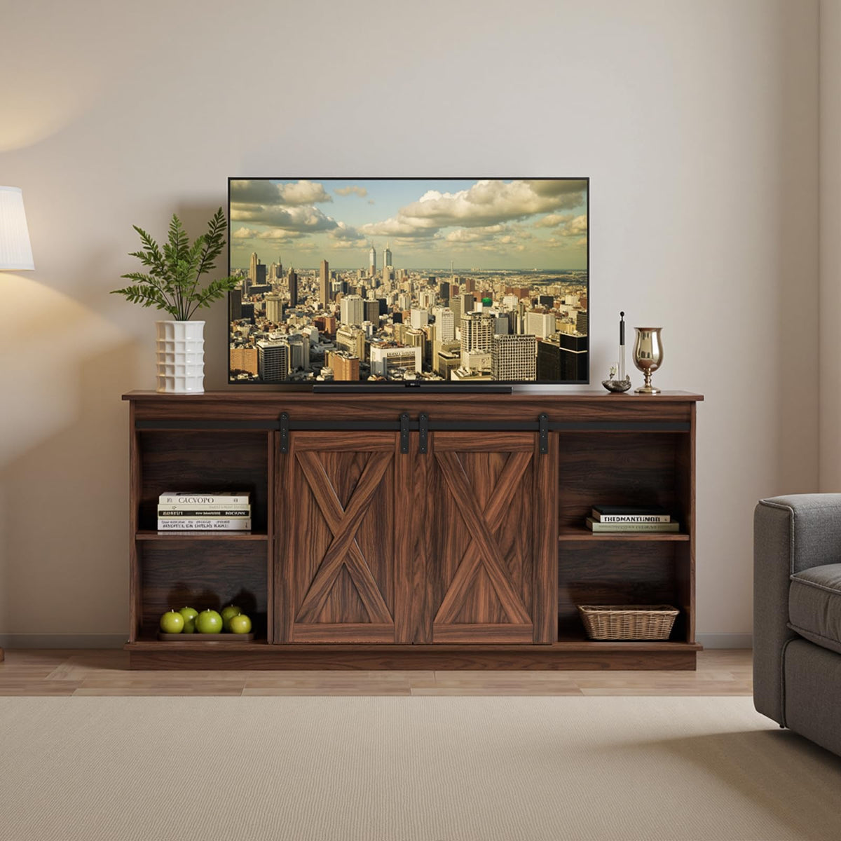 65 Inch Brown Wood TV Stand with Storage Shelves and Sliding Barn Door K116