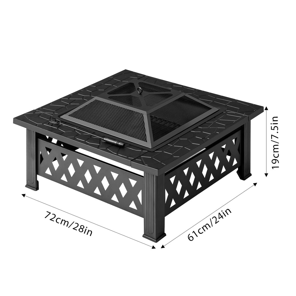 32 Inch Square Wood Burning Fire Pit Table with Spark Screen and Fire Poker B2923