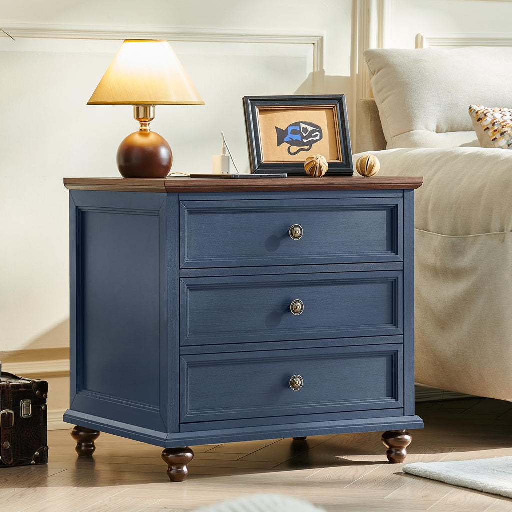 Blue Wood Nightstand Set of 2 with Charging Station W48683