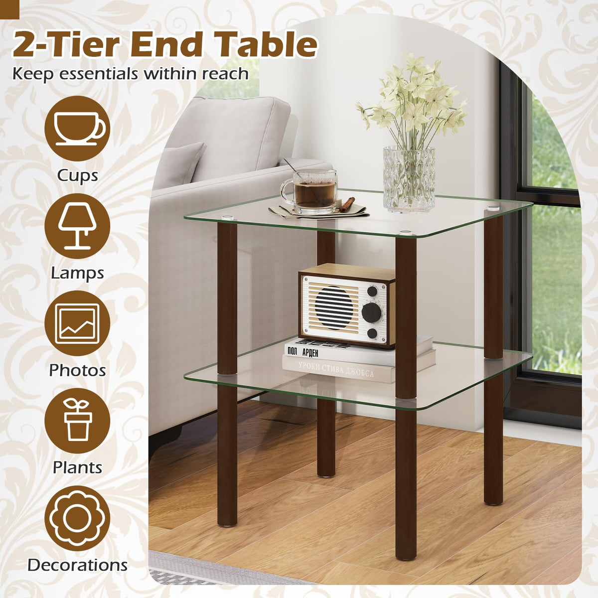 Square End Table Set of 2, 2-Tier Glass Top Sofa Side Table G6015