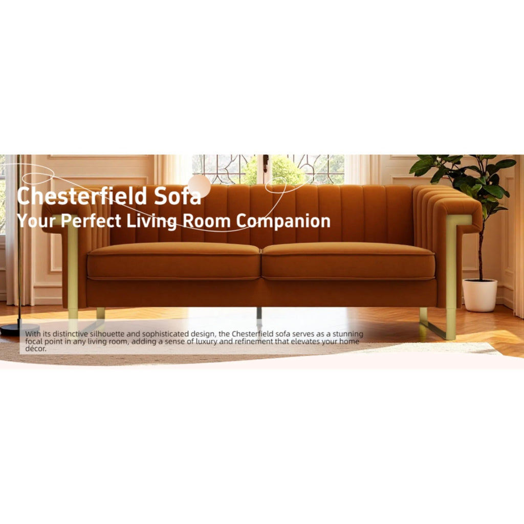 Orange Velvet Channel Tufted Sofa with Gold Metal Legs M734