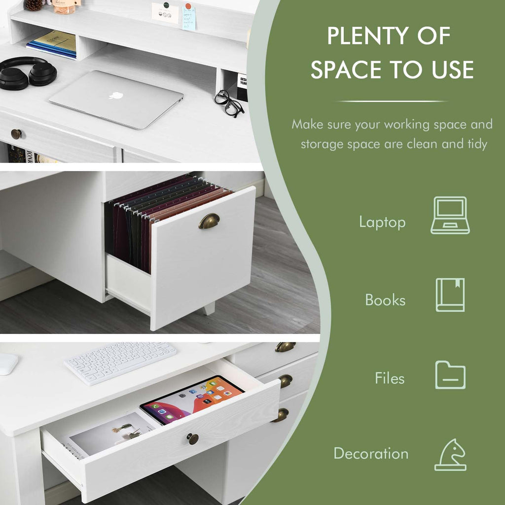 White Computer Desk with Drawers and Hutch S228