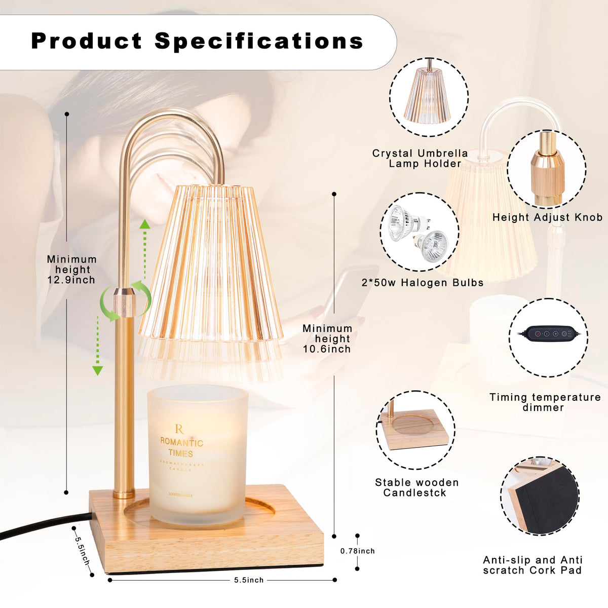 Adjustable Dimmable Electric Candle Warmer Lamp with Timer O5374