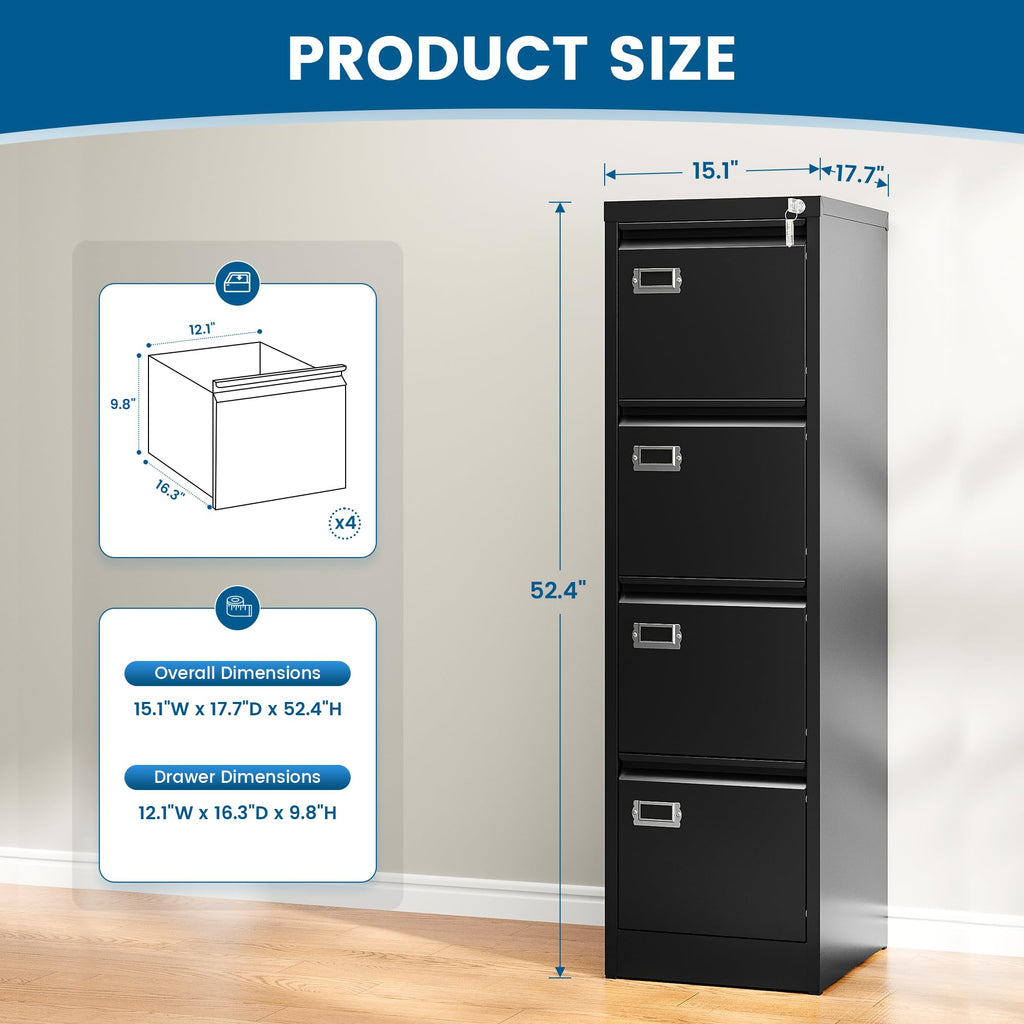 Black 4 Drawer Metal File Cabinet with Lock S591