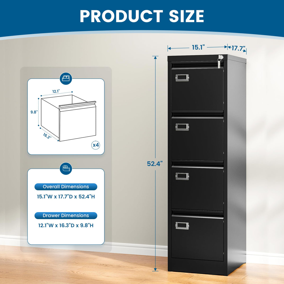 Black 4 Drawer Metal File Cabinet with Lock S591
