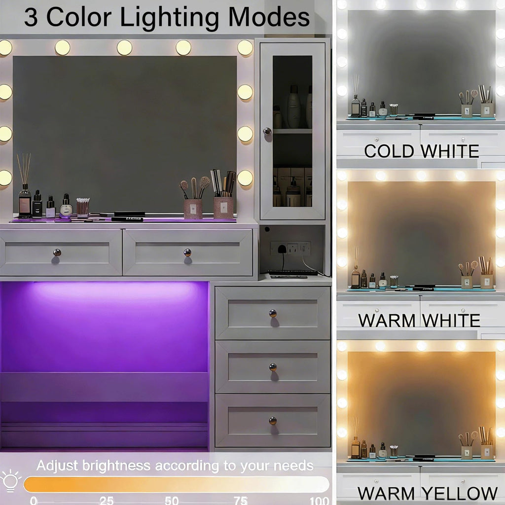 White Vanity Desk with LED Lights Mirror and 5 Storage Drawers O1654