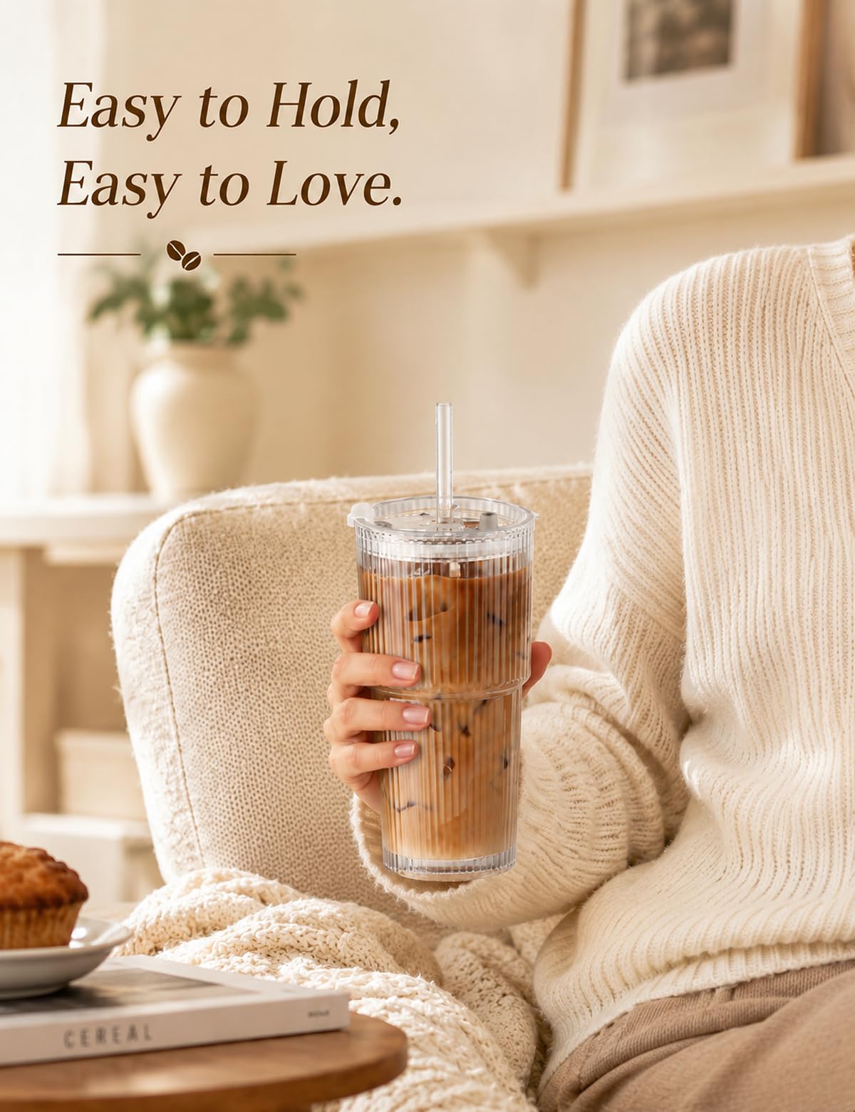 20 oz Ribbed Glass Tumblers with Lids and Straws, Set of 4 T1314