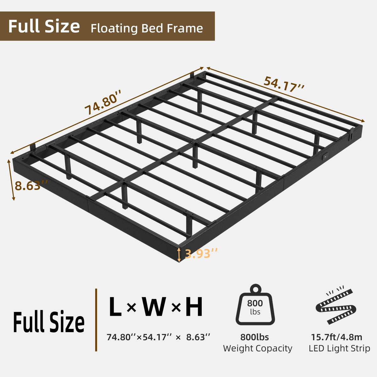 Black Floating Upholstered Platform Bed Frame Full Size with LED Lights and Charging Station Q176526