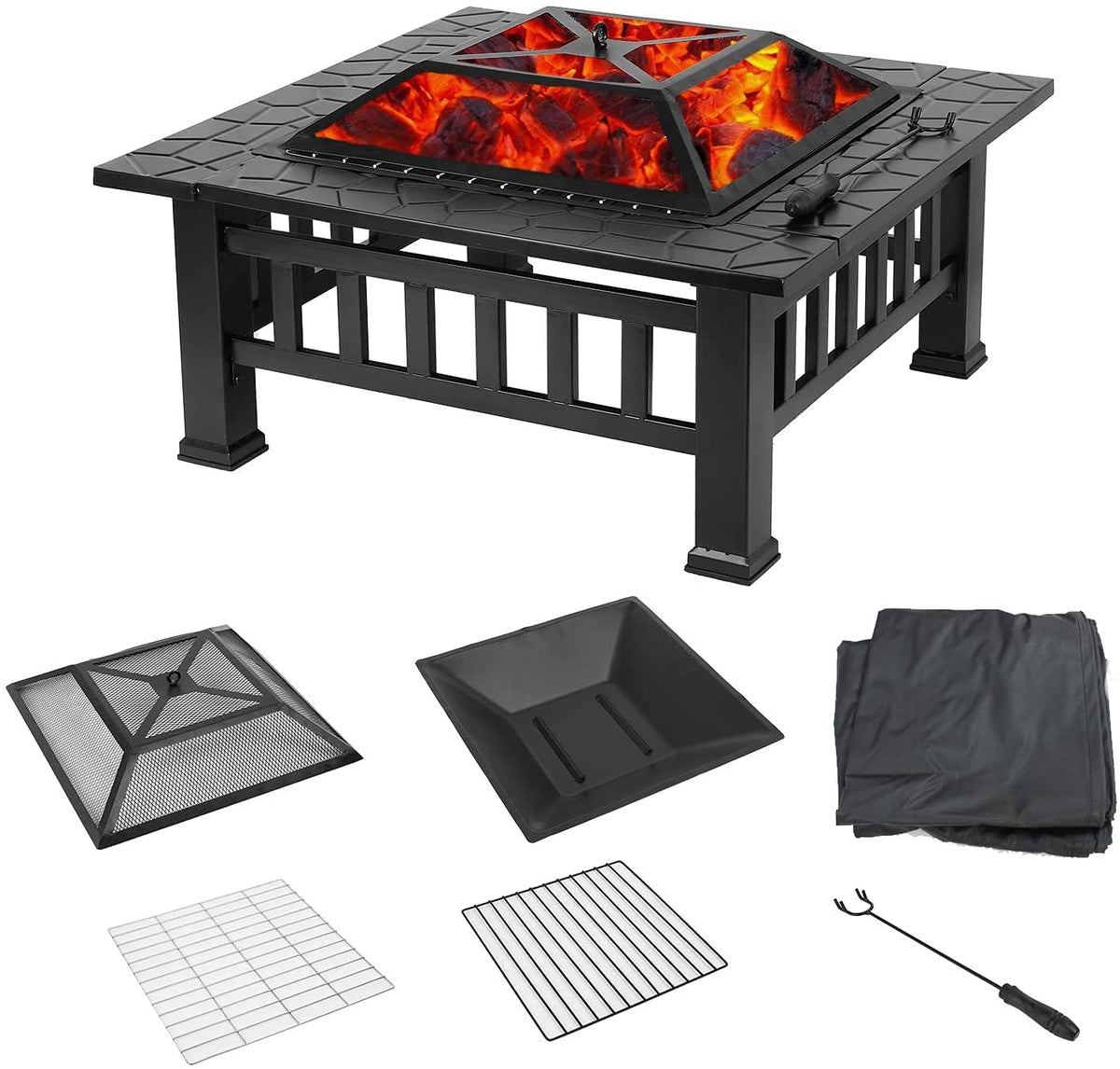 32'' Wood Burning Square Fire Pit with Grill Grate C786345