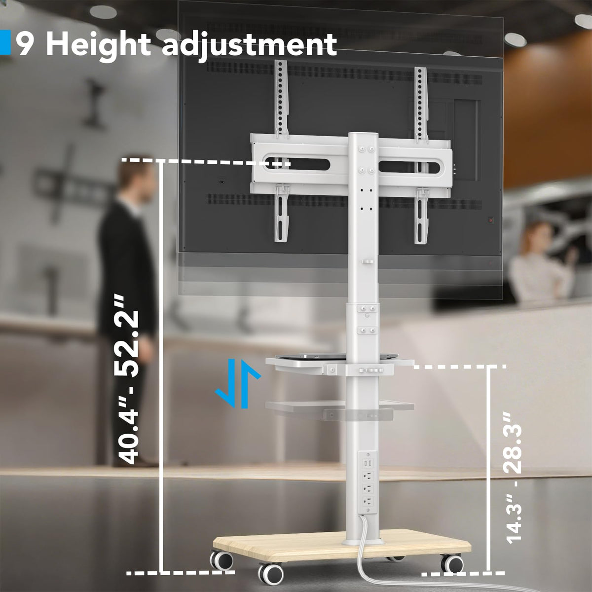 Mobile TV Stand with Power Outlets & Shelf, 27-65 Inch Swivel Height Adjustable White A7173