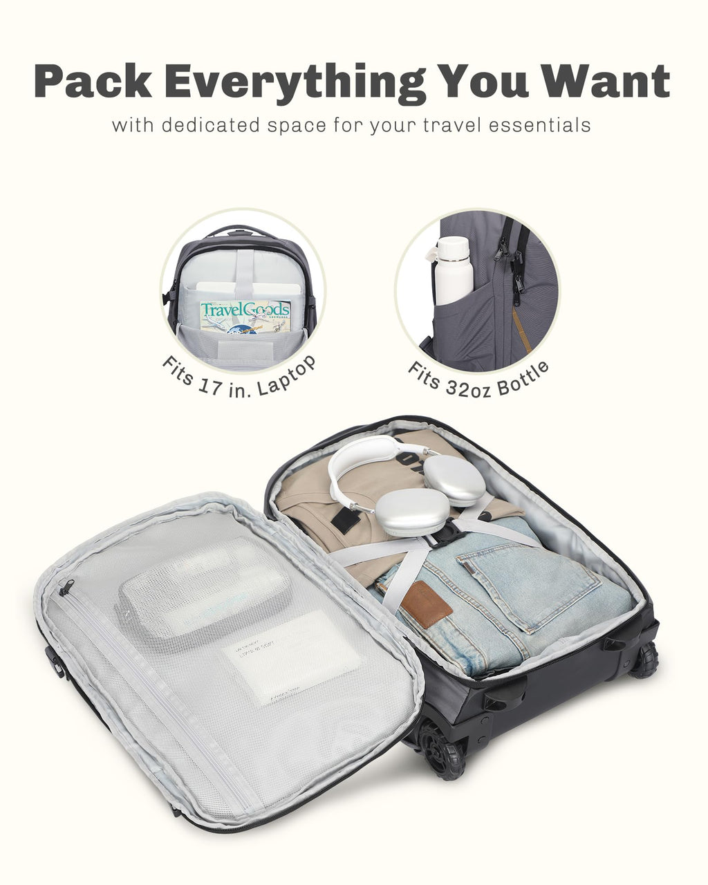 Rolling Backpack with Wheels 43L Dark Grey with Waist Pack Black I1217