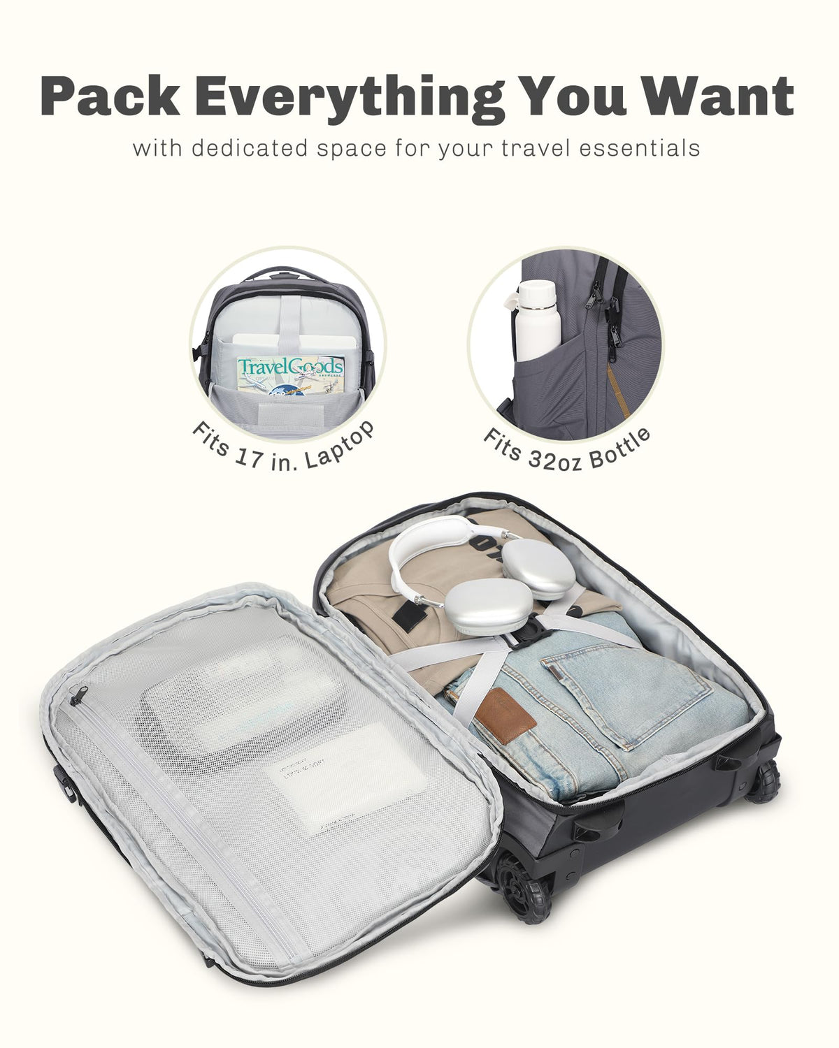 Rolling Backpack with Wheels 43L Dark Grey with Waist Pack Black I1217