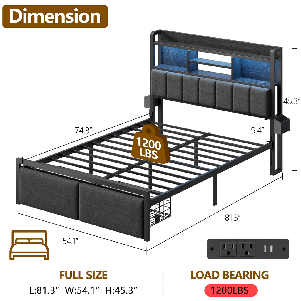 Full Size Bed Frame with Headboard and Drawers I18079