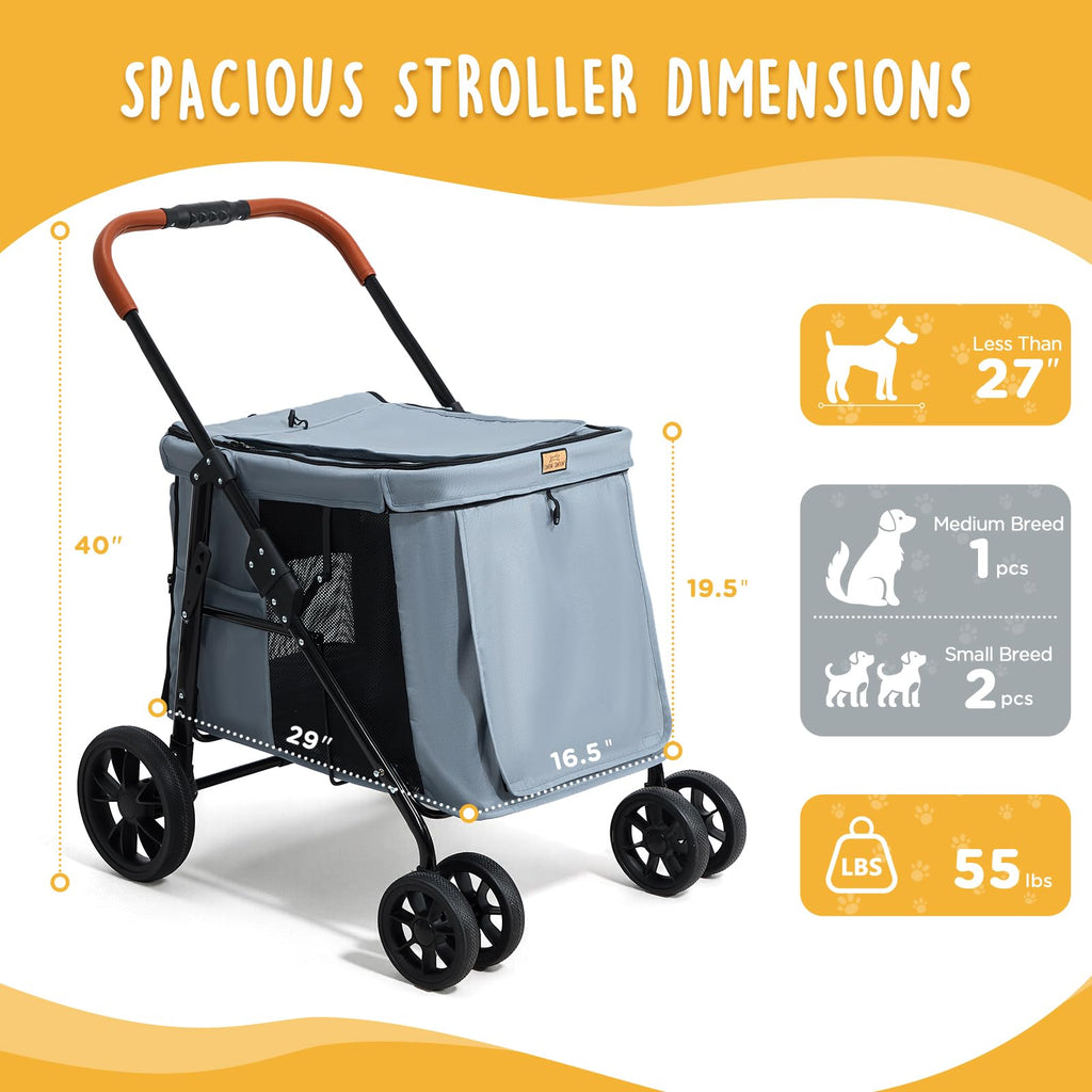 Heavy Duty Foldable Pet Stroller with All-Terrain Wheels, 55 lbs Capacity, Grey I3240