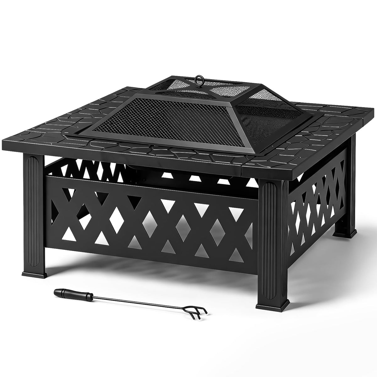 32 Inch Square Wood Burning Fire Pit Table with Spark Screen and Fire Poker B2923