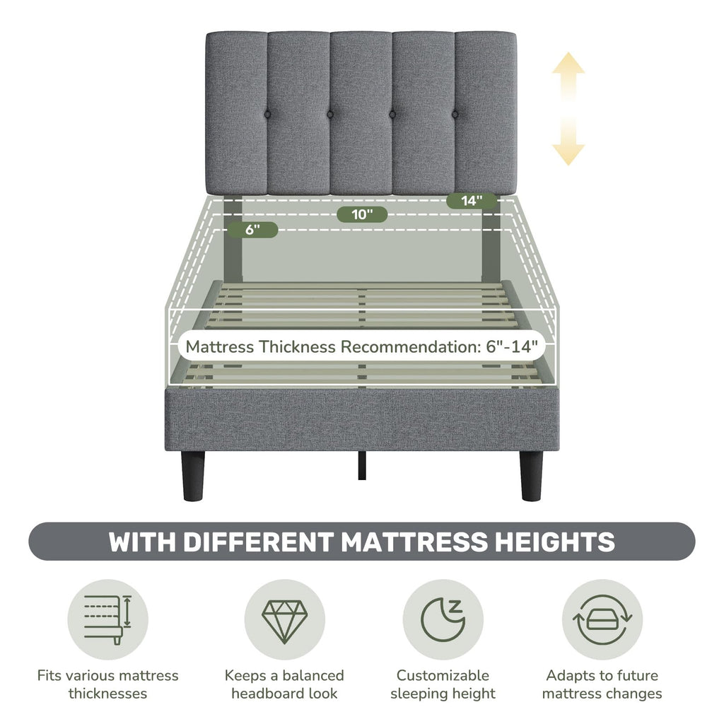 Twin Upholstered Platform Bed Frame with Headboard, Grey N719270