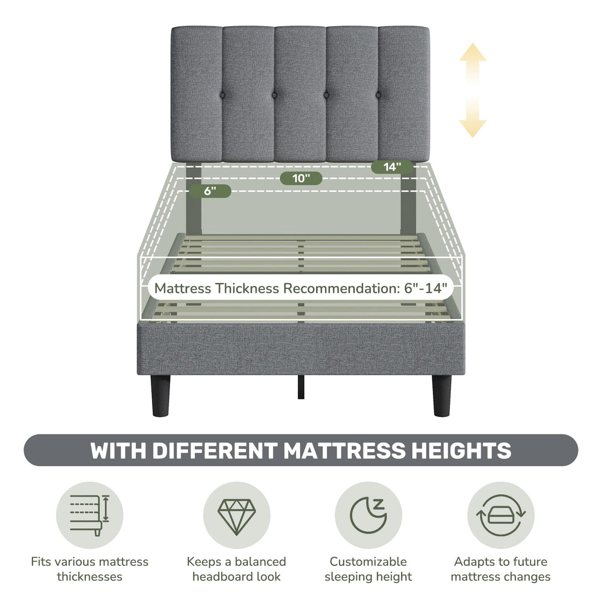 Twin Upholstered Platform Bed Frame with Headboard, Grey N719270
