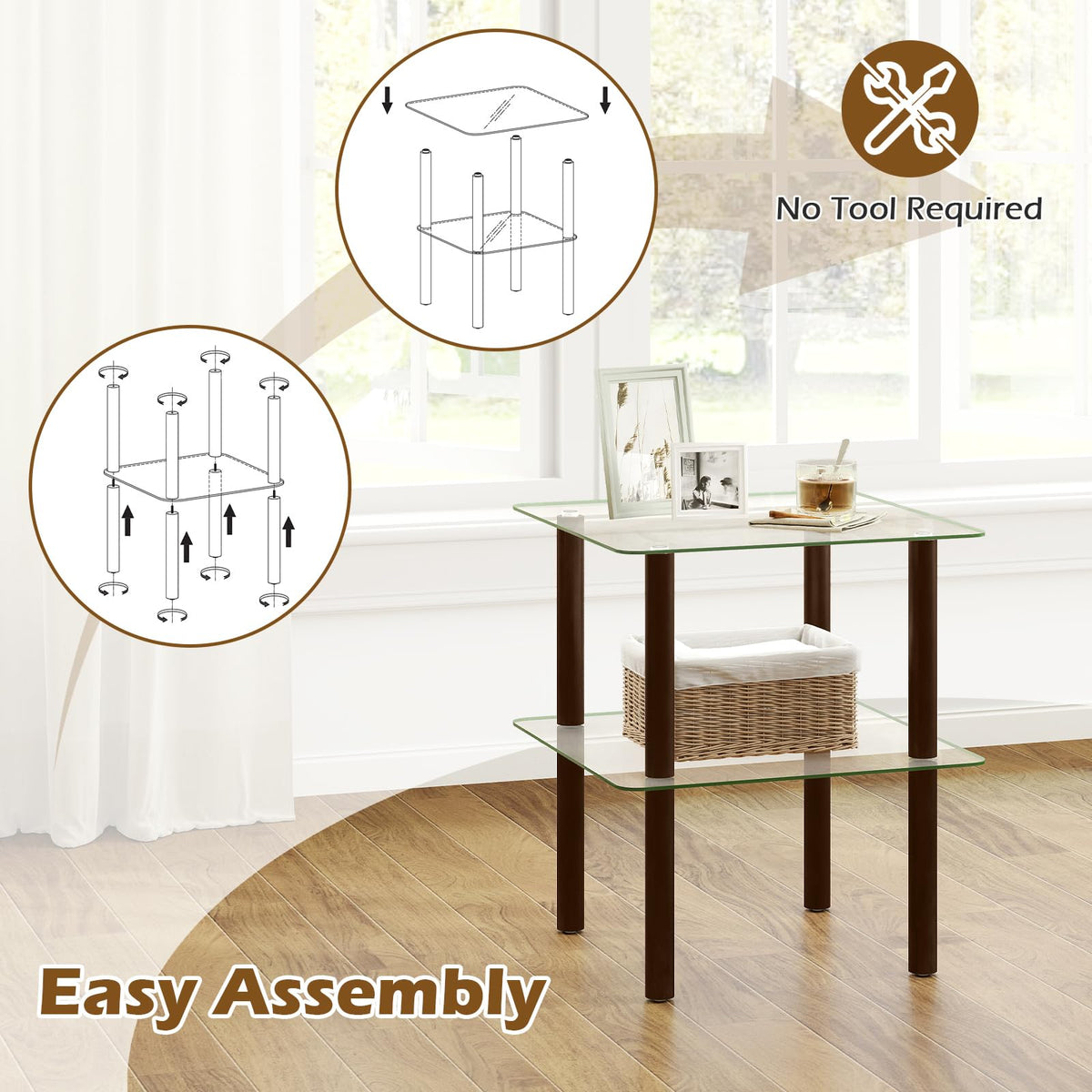 Square End Table Set of 2, 2-Tier Glass Top Sofa Side Table G6015