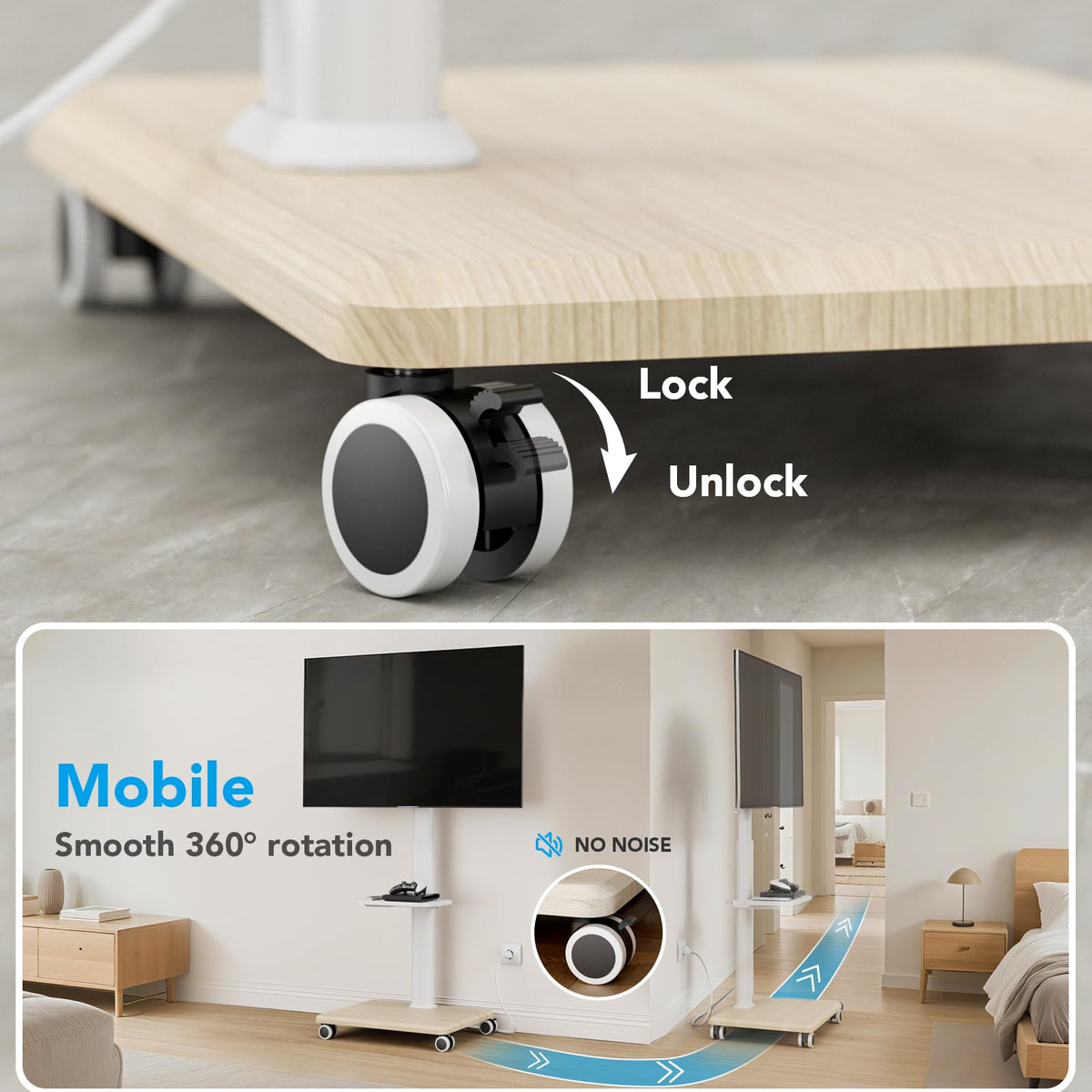 Mobile TV Stand with Power Outlets & Shelf, 27-65 Inch Swivel Height Adjustable White A7173
