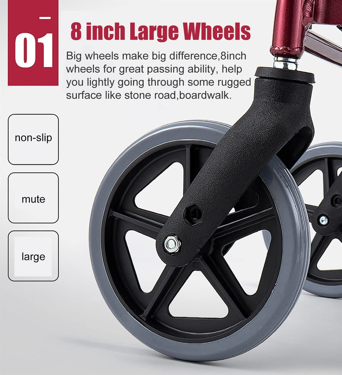 Foldable Rollator Walker with Leather Seat, 8inch Wheels, Brakes and Footrest N331