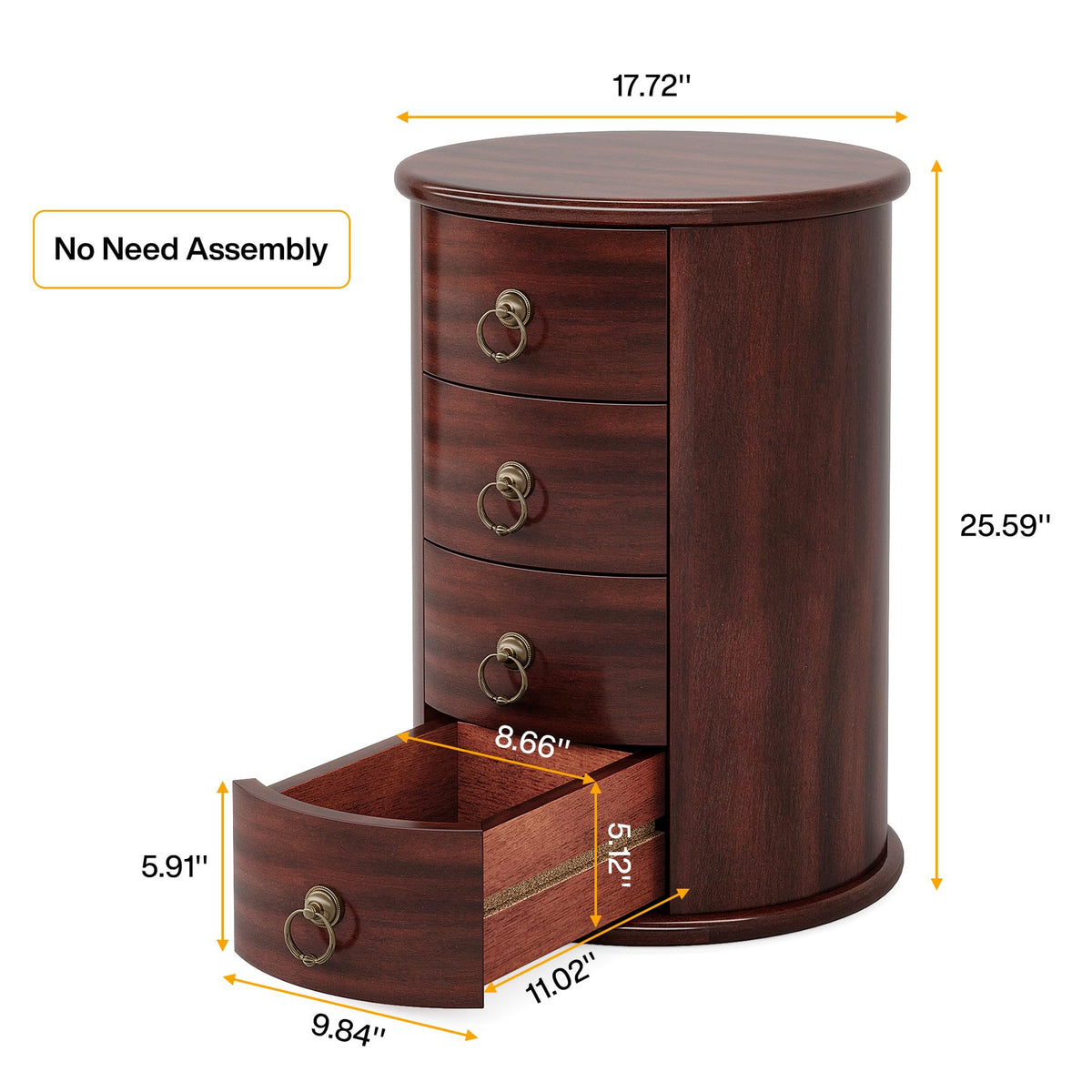 Solid Wood Round End Table with 4 Drawers E6340