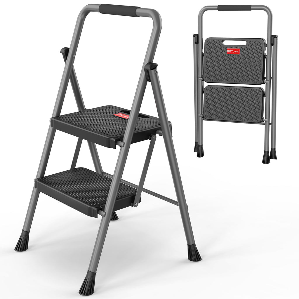2 Step Folding Step Ladder 300 lbs Capacity with Handrail Gray O771603