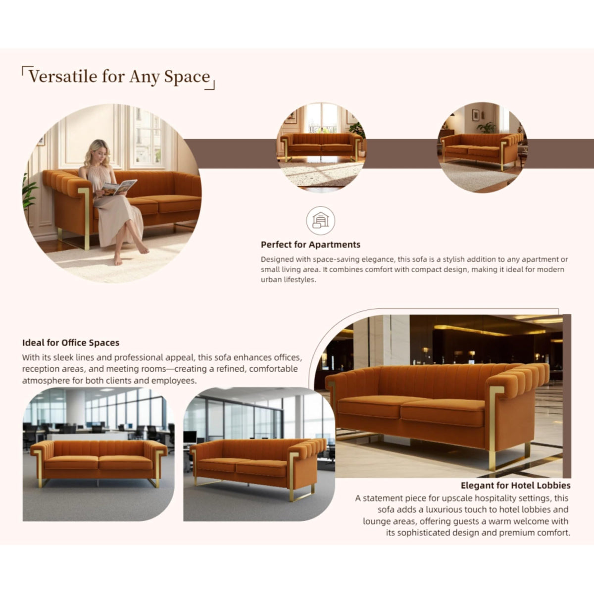 Orange Velvet Channel Tufted Sofa with Gold Metal Legs M734