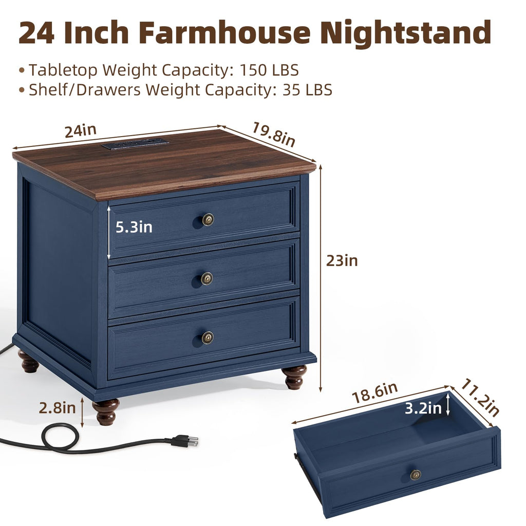Blue Wood Nightstand Set of 2 with Charging Station W48683
