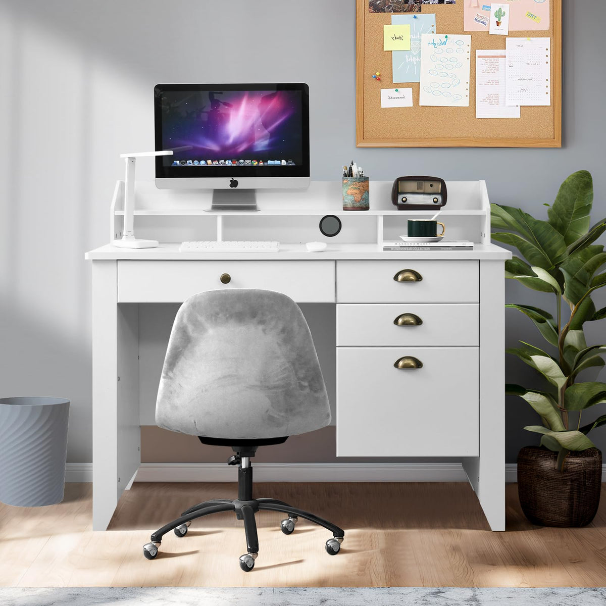 White Computer Desk with Drawers and Hutch S228