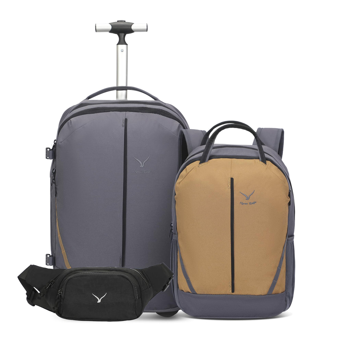 Rolling Backpack with Wheels 43L Dark Grey with Waist Pack Black I1217