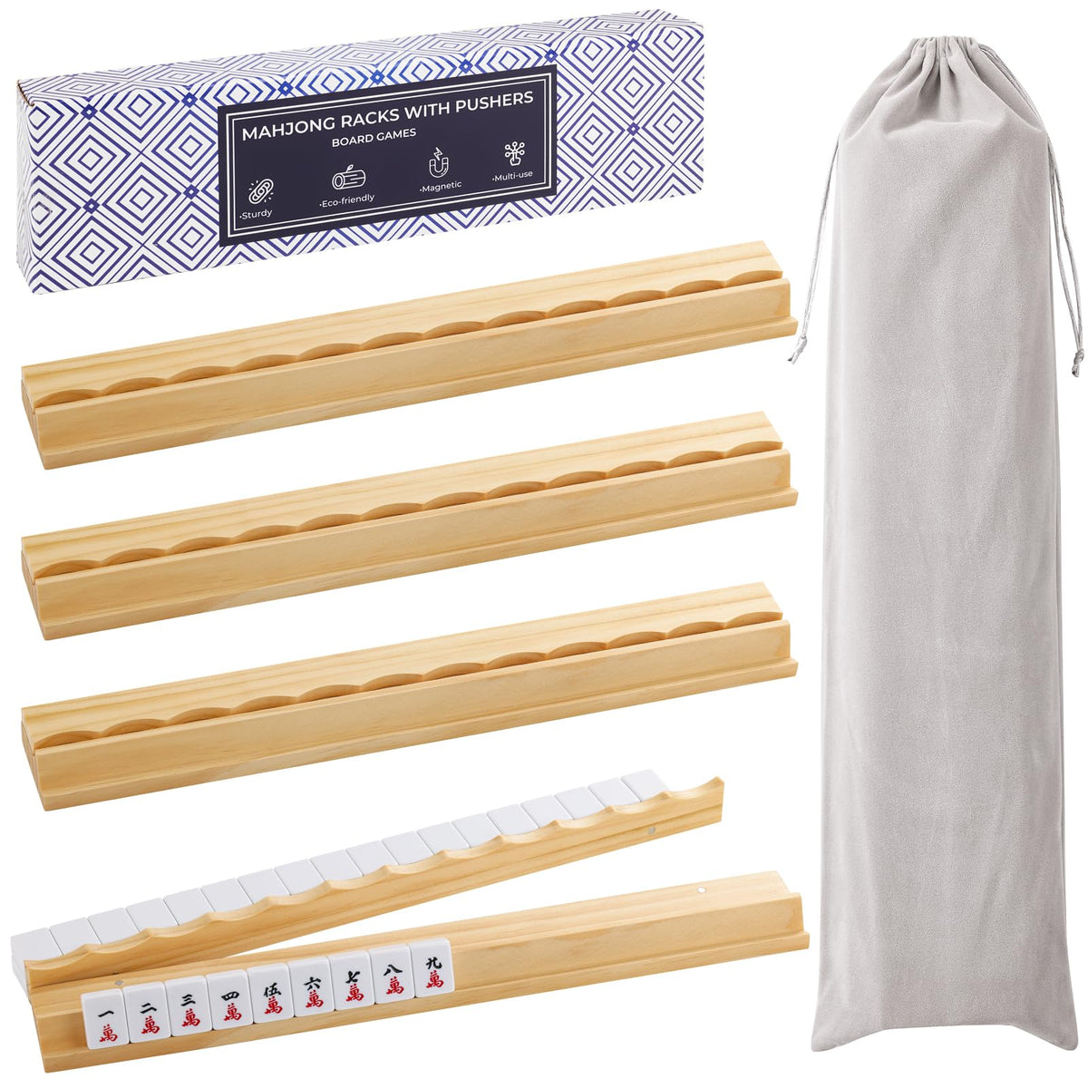 Wooden Mahjong Racks with Magnetic Pushers Set of 4 U67853