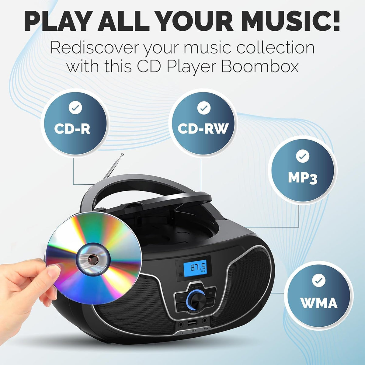 Portable CD Player Boombox with Bluetooth, FM Radio, USB Playback & AUX Input L1382