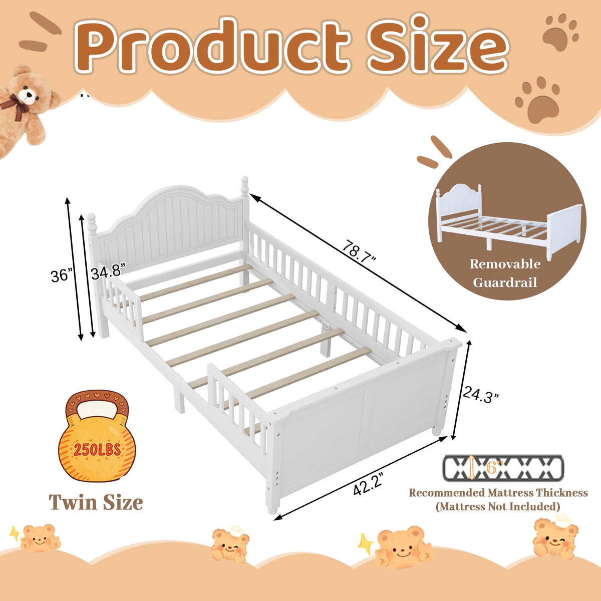 White Twin Bed Frame with Headboard and Rails U466