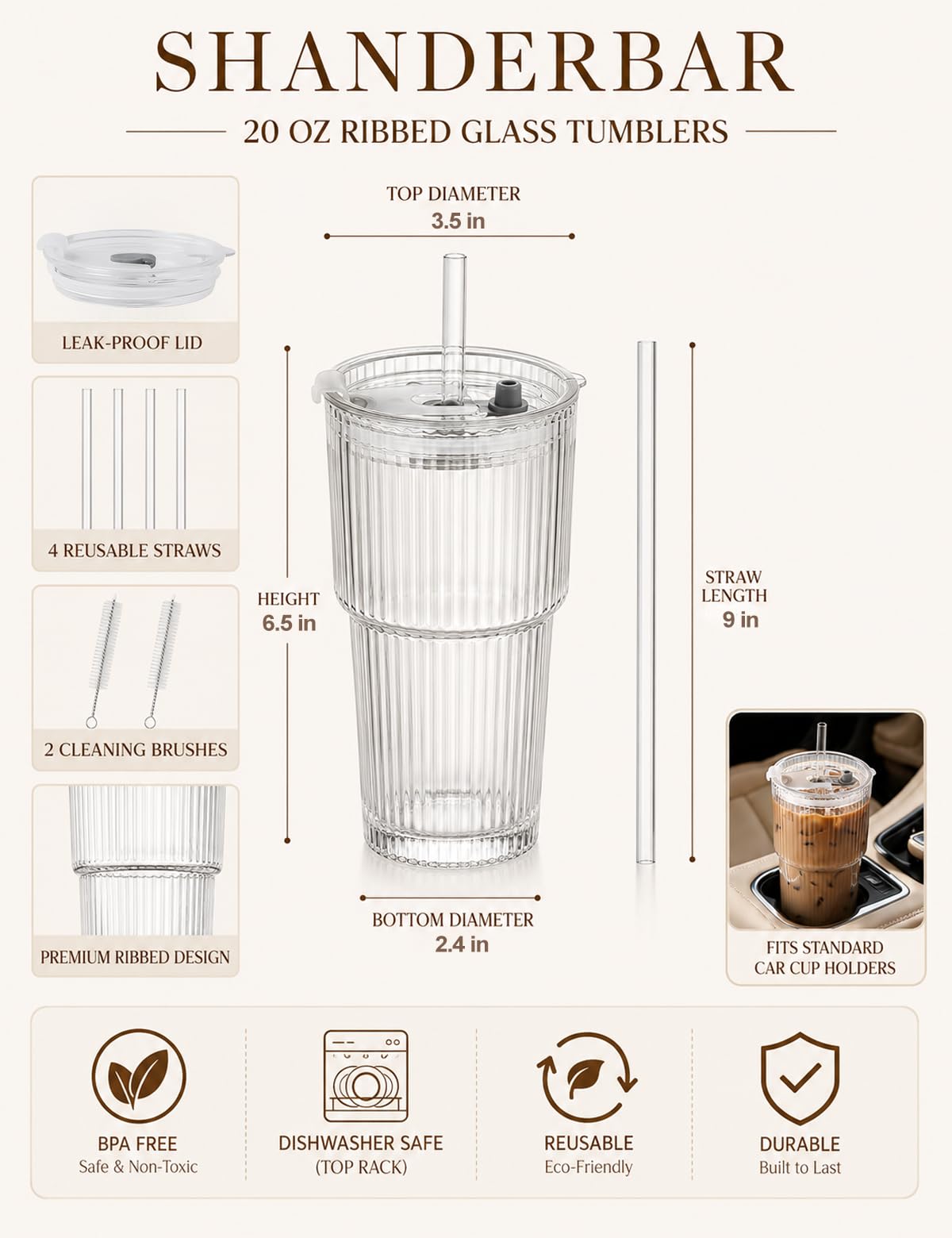 20 oz Ribbed Glass Tumblers with Lids and Straws, Set of 4 T1314