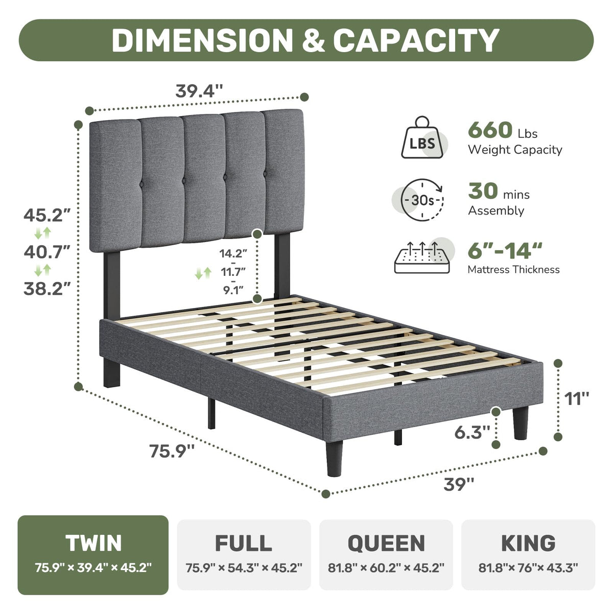 Twin Upholstered Platform Bed Frame with Headboard, Grey N719270
