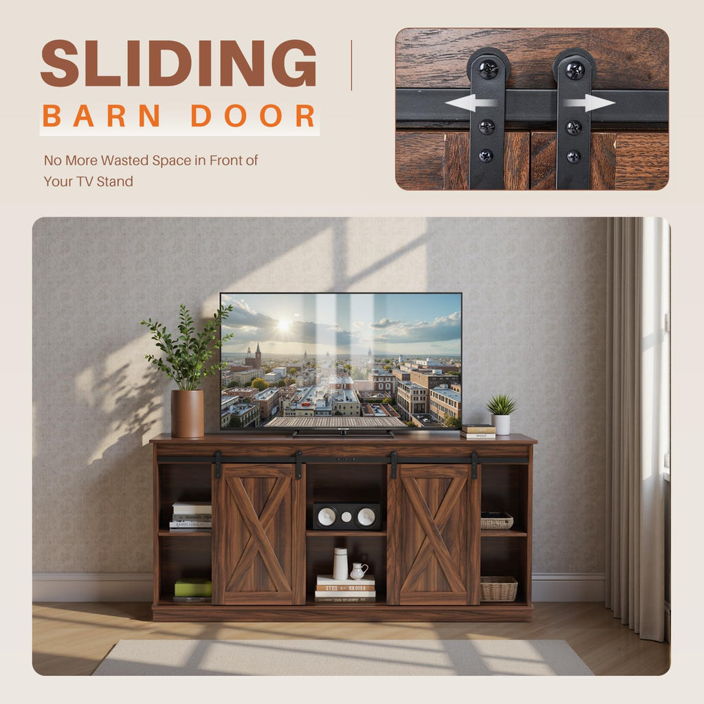 65 Inch Brown Wood TV Stand with Storage Shelves and Sliding Barn Door K116
