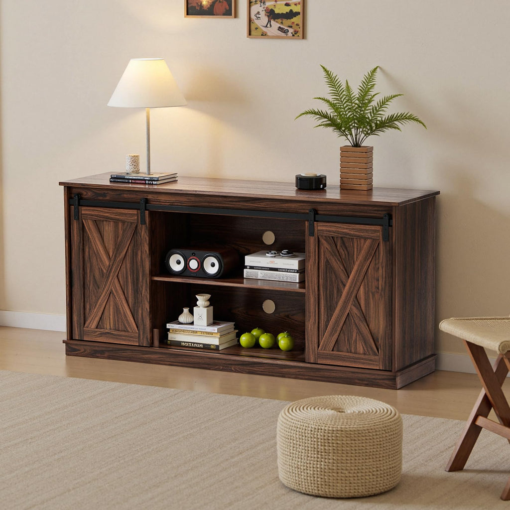 65 Inch Brown Wood TV Stand with Storage Shelves and Sliding Barn Door K116