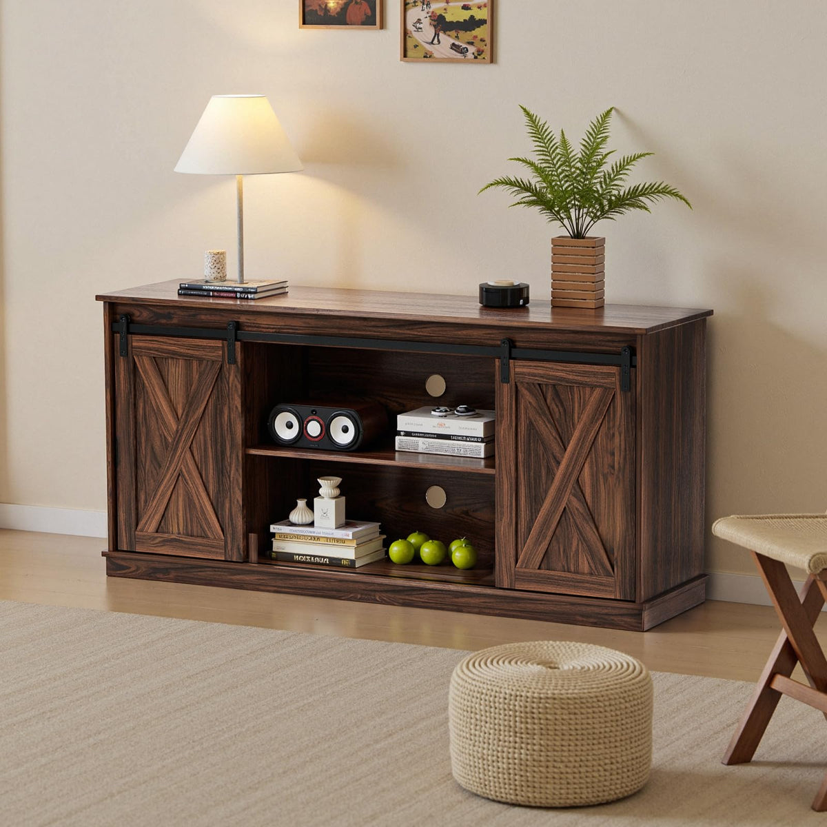 65 Inch Brown Wood TV Stand with Storage Shelves and Sliding Barn Door K116