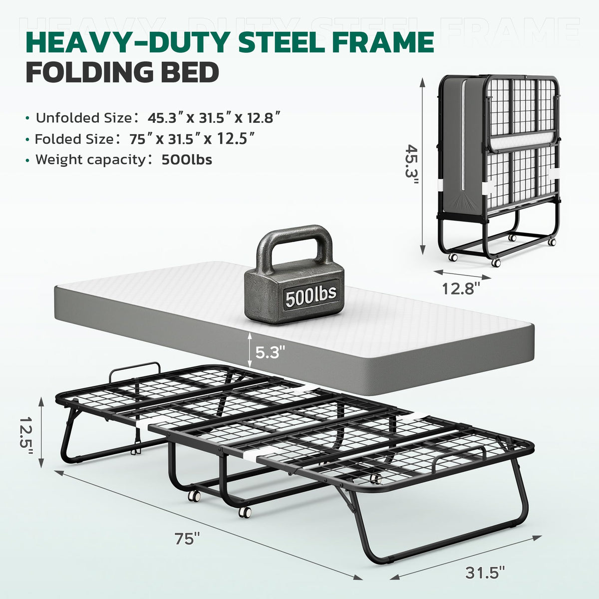 Folding Bed with Mattress Metal Frame Cot Size C20370