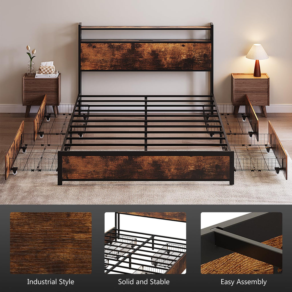 Queen Bed Frame with 4 Storage Drawers and Headboard Q65281